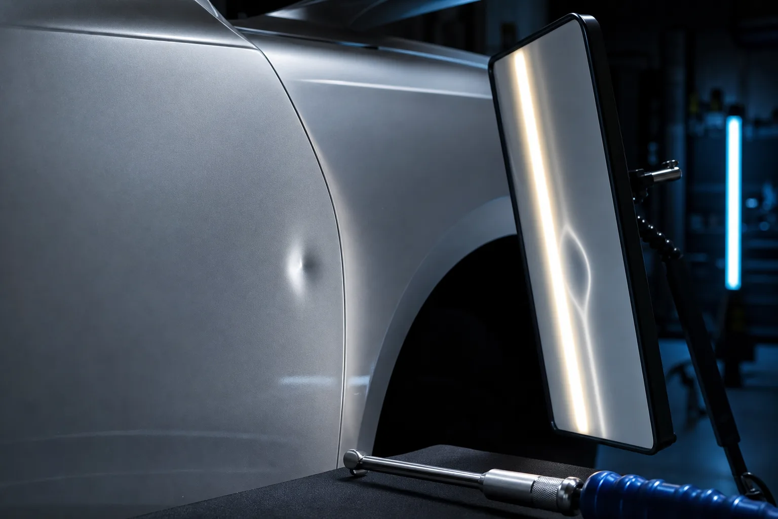 Aluminium Karosserieblech mit PDR Werkzeug und Reflektorleiste, 1200x675
